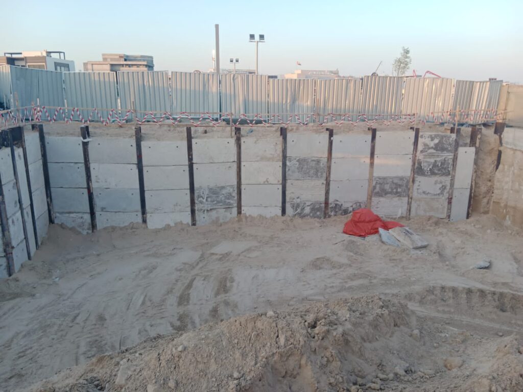 H Beam shoring with concrete panels in Dubai for basements